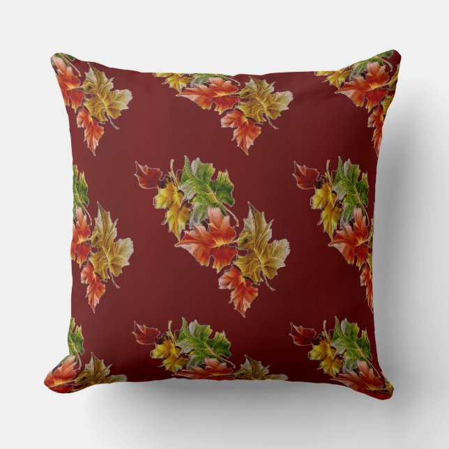 Burgundy Red Autumn Leaves Pattern Throw Pillow (Front)