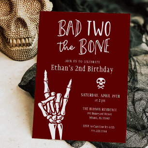 Burgundy Red Bad Two The Bone 2nd Birthday Party Invitation