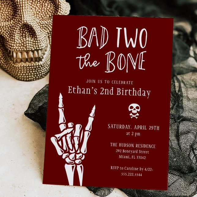 Burgundy Red Bad Two The Bone 2nd Birthday Party Invitation (Creator Uploaded)