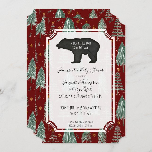 Burgundy Red Bear Woodland Forest Baby Boy Shower Invitation (Front/Back)