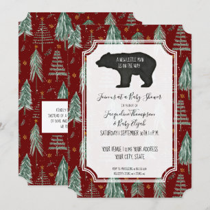 Burgundy Red Bear Woodland Forest Baby Boy Shower Invitation