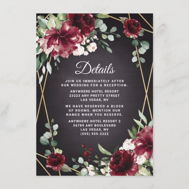 Burgundy Red Black and Gold Floral Elegant Wedding Enclosure Card (Front)