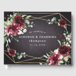 Burgundy Red Black and Gold Floral Elegant Wedding Guest Book<br><div class="desc">Design features a black chalkboard printed texture for the background with a printed gold coloured geometric frame that’s covered in unique elegant greenery that consists of eucalyptus and other leaves/branch elements. Design also features burgundy red rose and peony flowers and other blush pink floral elements for added unique décor.</div>