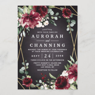 Burgundy Red Black and Gold Floral Elegant Wedding Invitation