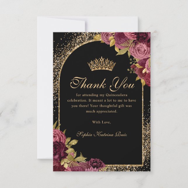 Burgundy Red Black Gold Glitter Floral Quinceanera Thank You Card (Front)