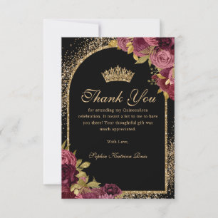 Burgundy Red Black Gold Glitter Floral Quinceanera Thank You Card