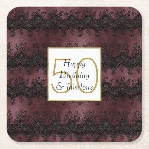 Burgundy Red Black Lace 50 and Fabulous Square Paper Coaster