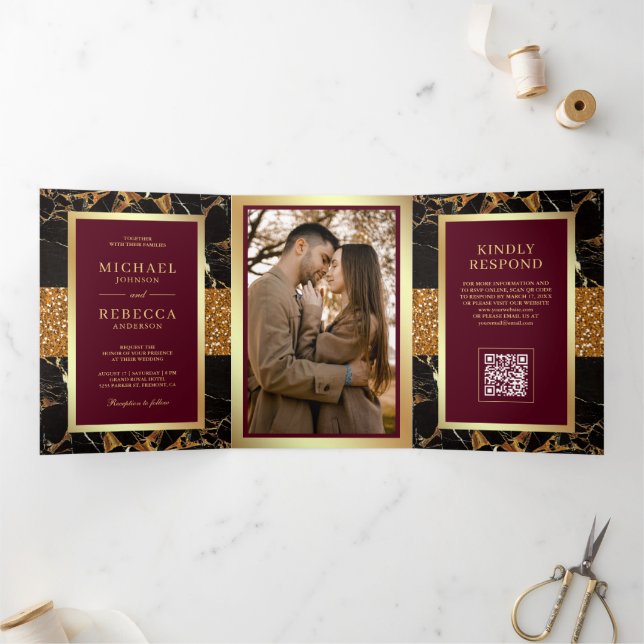 Burgundy Red Black Marble Gold QR Code Wedding Tri-Fold Invitation (Inside)