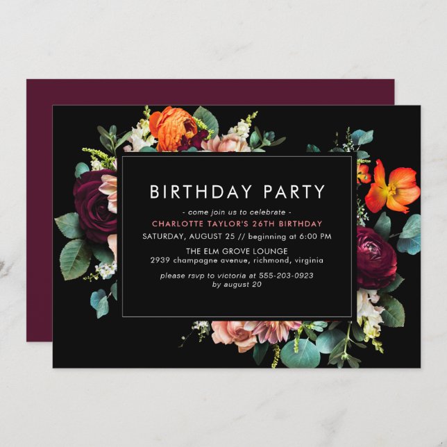 Burgundy Red + Black | Moody Dark Floral Birthday Invitation (Front/Back)