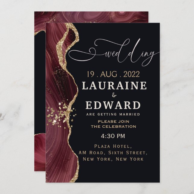 burgundy red black Wedding invitation card simple (Front/Back)