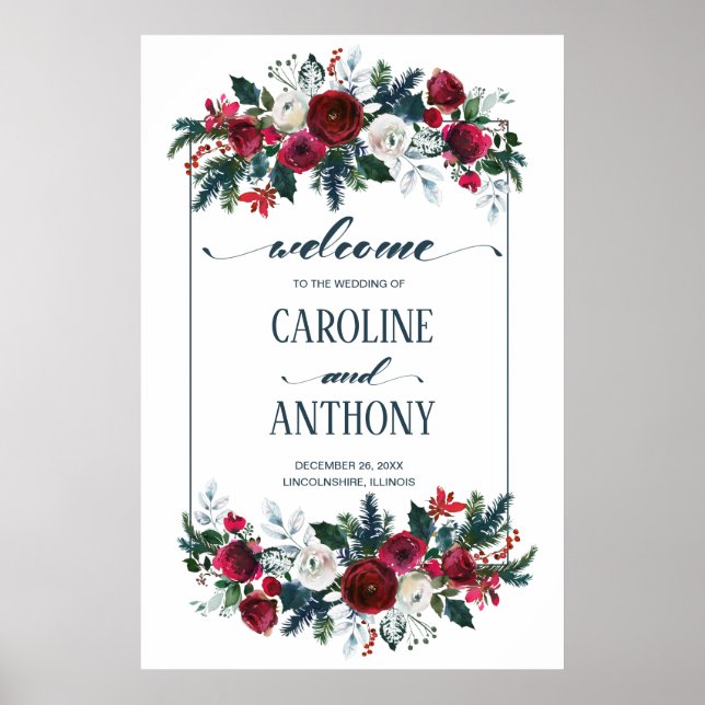 Burgundy Red Bloom Wedding Welcome Sign (Front)