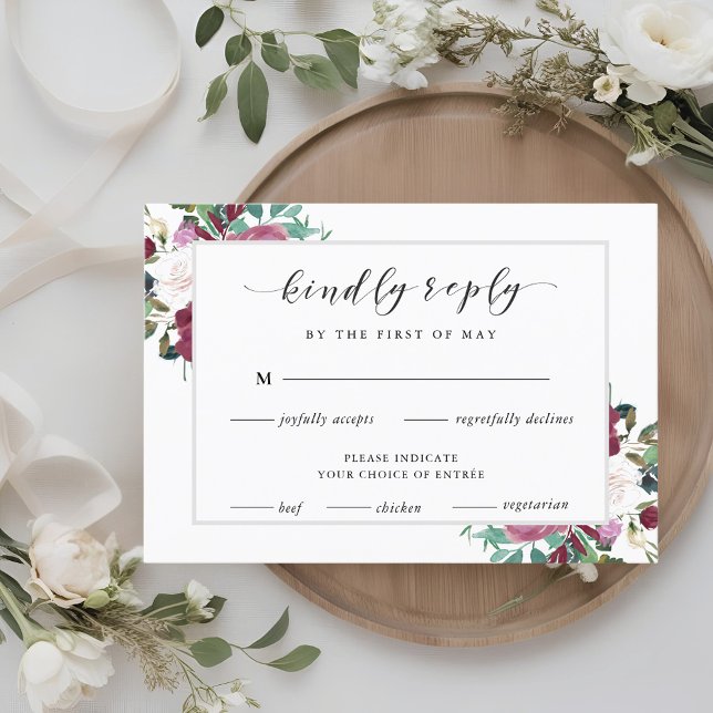 Burgundy Red Blooms Boho Wedding RSVP Meal Choice (Creator Uploaded)