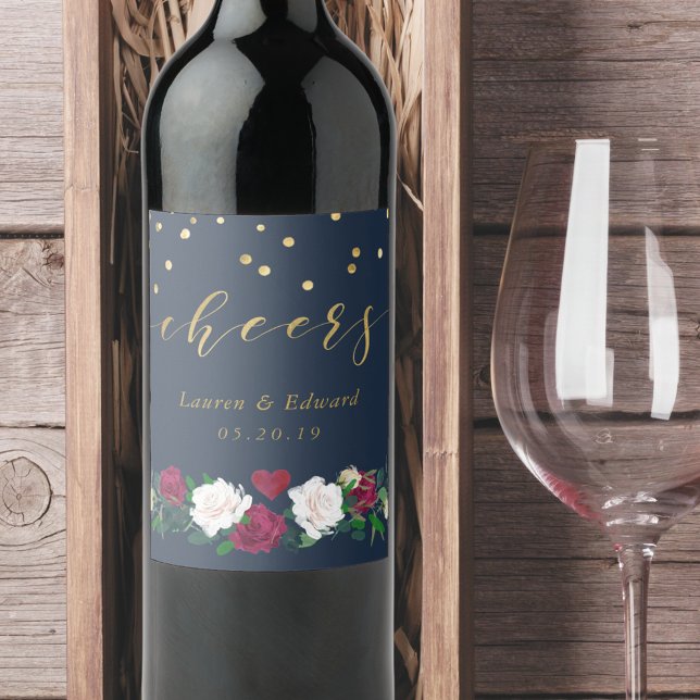 Burgundy Red Blooms Personalised Boho Wedding Wine Label (Creator Uploaded)