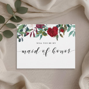 Burgundy Red Blooms Will You Be My Maid of Honour Invitation Postcard