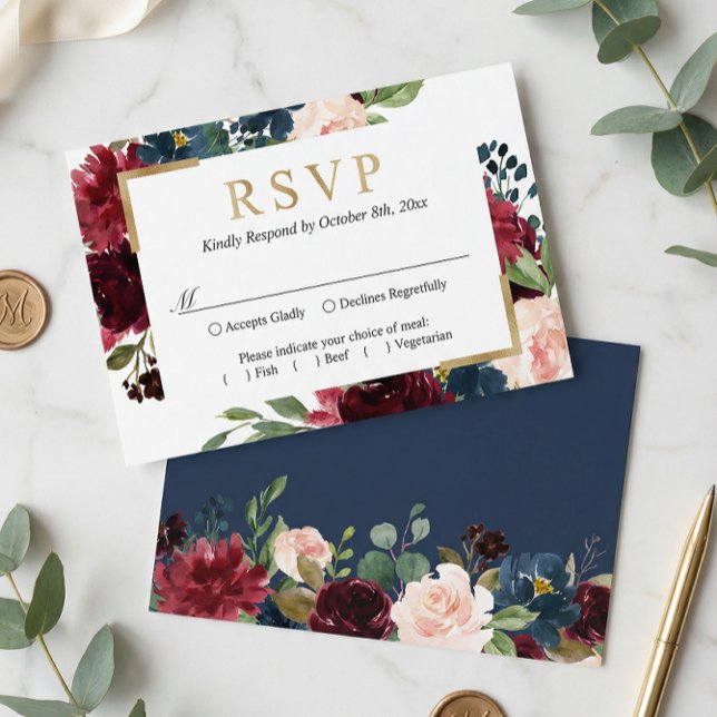Burgundy Red Blue Blush Floral Wedding RSVP Card (Creator Uploaded)