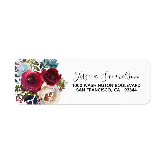 BURGUNDY Red Blue Floral Flowers Return Address Label (Front)