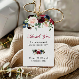 Burgundy Red Blue Floral Wedding Favour Thank You Gift Tags