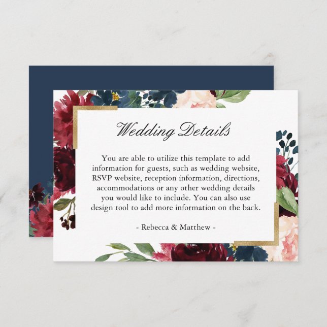 Burgundy Red Blue Floral Wedding Reception Details Enclosure Card (Front/Back)