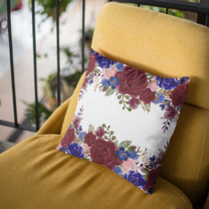 Burgundy Red Blue Navy Rose Flower Waterfall Drop Cushion