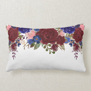 Burgundy Red Blue Navy Rose Flower Waterfall Drop Lumbar Cushion