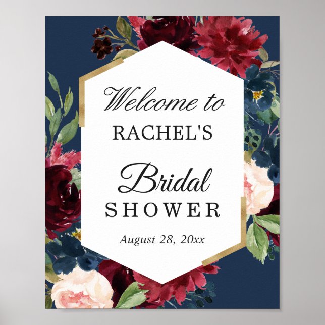 Burgundy Red Blush Blue Floral Bridal Shower Sign (Front)