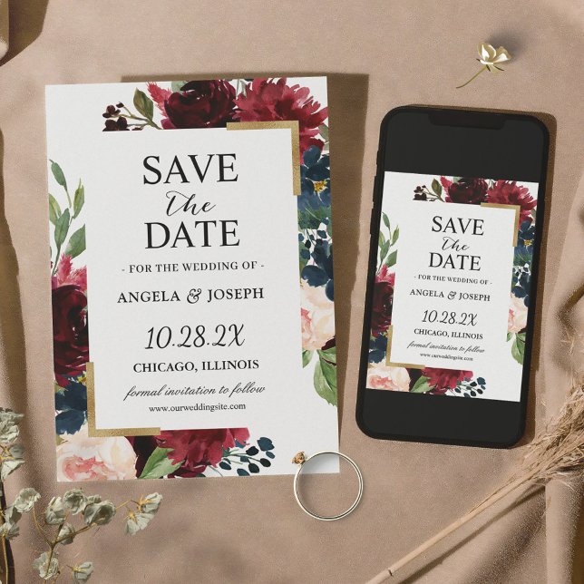 Burgundy Red Blush Blue Floral Modern Glam Wedding Save The Date (Creator Uploaded)