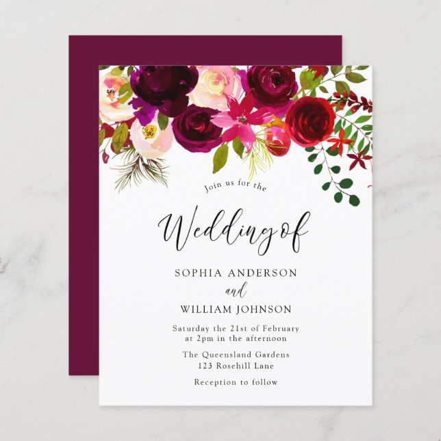 Burgundy Red Blush Budget Wedding Invitation (Front/Back)