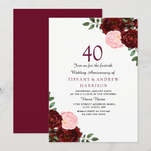 Burgundy Red Blush Floral 40th Wedding Anniversary Invitation
