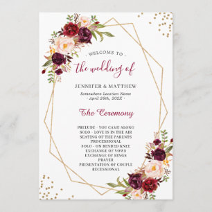 Burgundy Red Blush Floral Gold Geometric Wedding Program