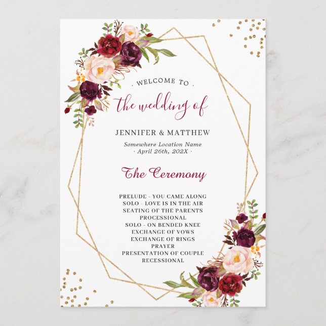 Burgundy Red Blush Floral Gold Geometric Wedding Program (Front)