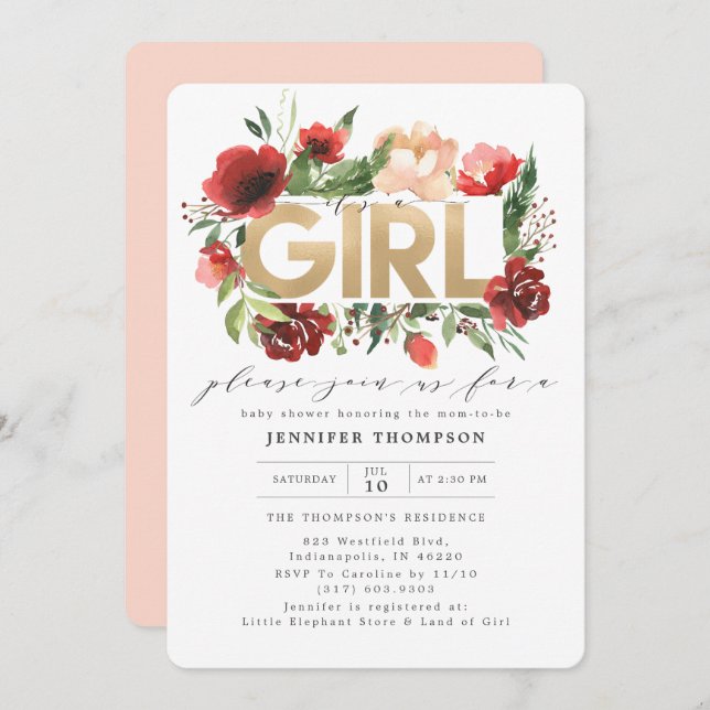 Burgundy Red Blush Floral Gold Glitter Baby Shower Invitation (Front/Back)