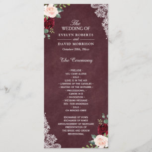 Burgundy Red Blush Floral Lace Wedding Program