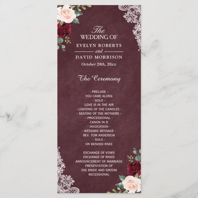 Burgundy Red Blush Floral Lace Wedding Program (Front)