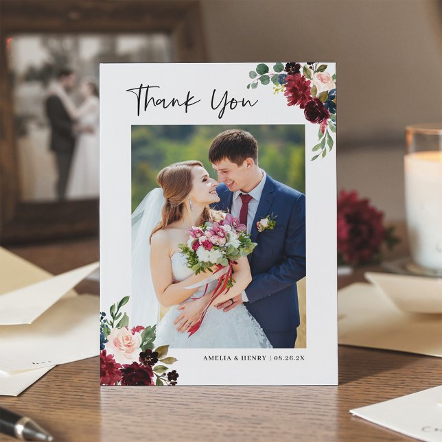 Burgundy Red Blush Floral Modern Wedding 2 Photo Thank You Card (Creator Uploaded)