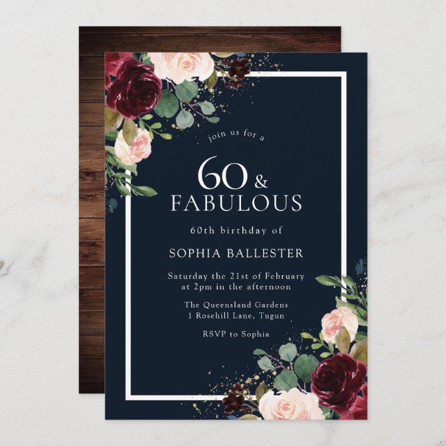 Burgundy Red Blush Floral Navy 60th Birthday Party Invitation (Front/Back)