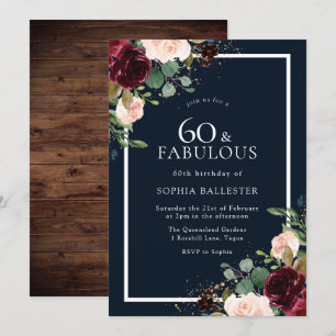 Burgundy Red Blush Floral Navy 60th Birthday Party Invitation