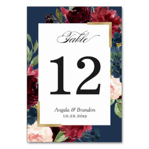 Burgundy Red Blush Floral Navy Blue Table Number