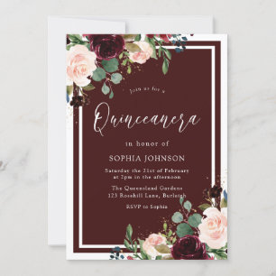 Burgundy Red & Blush Floral Quinceanera Party Invitation