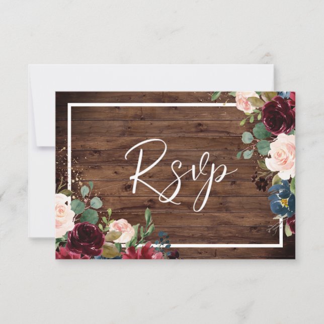 Burgundy Red & Blush Floral Rustic Wood Wedding RSVP Card (Front)