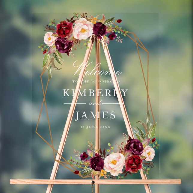 Burgundy red & blush floral wedding acrylic sign (Neutral)