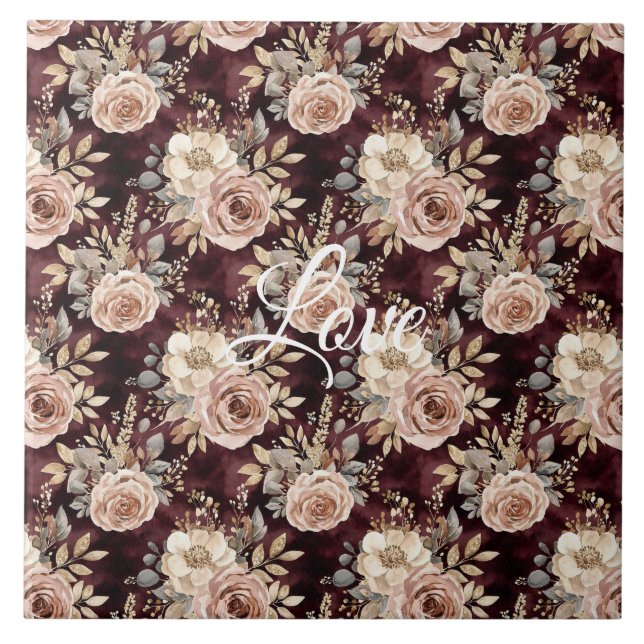 Burgundy Red Blush Floral Wedding Ceramic Tile (Front)