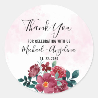 Burgundy Red Blush Floral Wedding Favour  Classic Round Sticker
