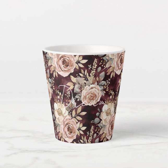Burgundy Red Blush Floral Wedding Latte Mug (Front)