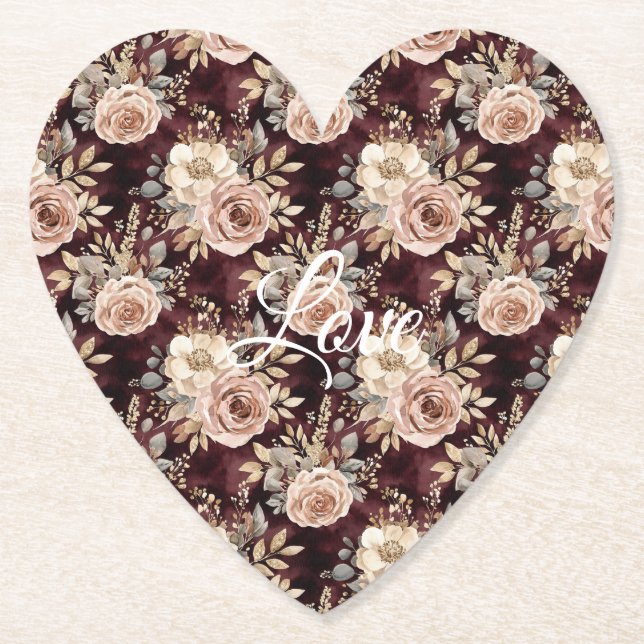 Burgundy Red Blush Floral Wedding Paper Coaster (Front)