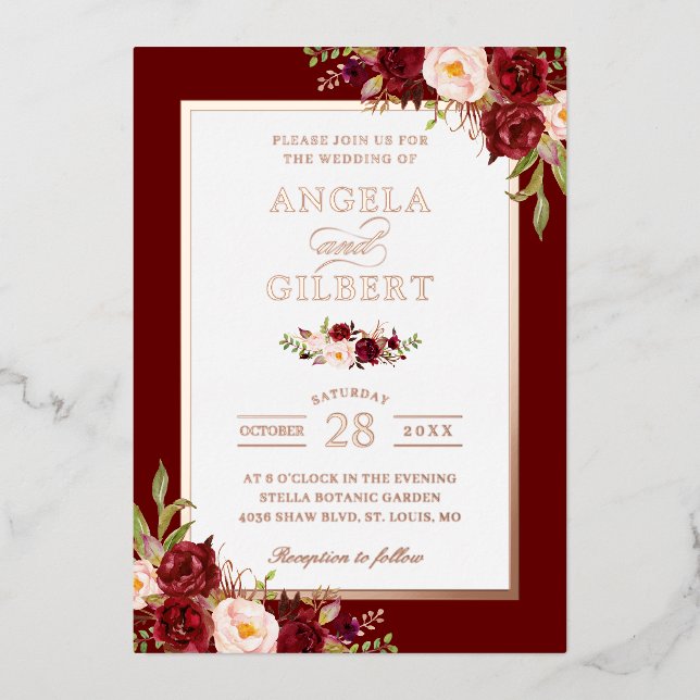 Burgundy Red Blush Floral Wedding Rose Gold (Front)