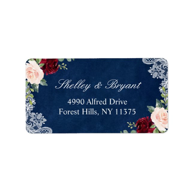 Burgundy Red Blush Floral White Lace Navy Blue Label (Front)