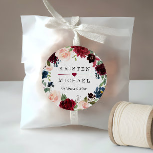 Burgundy Red Blush Floral Wreath Wedding Favour Classic Round Sticker