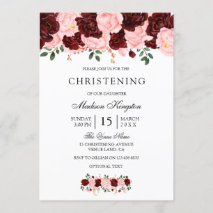 Burgundy Red Blush Flowers Christening Invite
