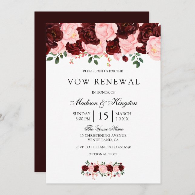 Burgundy Red Blush Flowers Vow Renewal Invite (Front/Back)