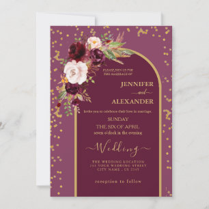 burgundy Red Blush   Gold frame modern Wedding  Invitation